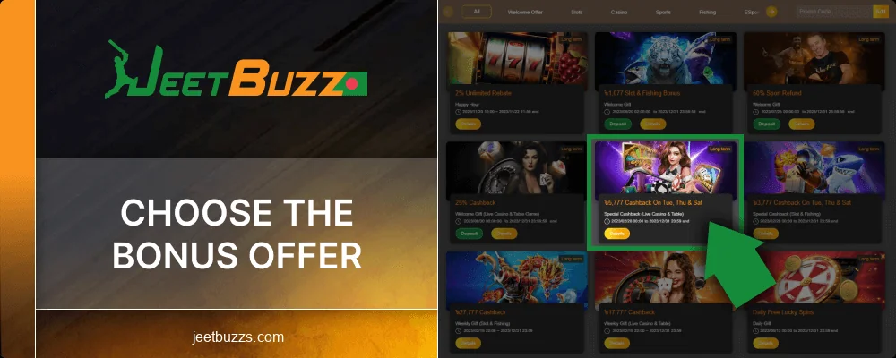 Select the required bonus at Jeetbuzz BD
