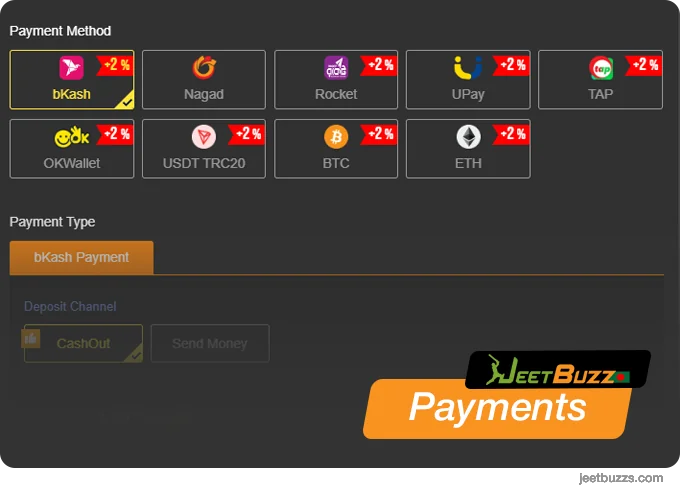 JeetBuzz accepts all popular Bangladeshi payment methods