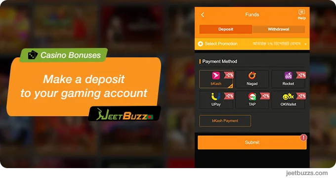 Make a deposit to JeetBuzz to gain casino bonuses