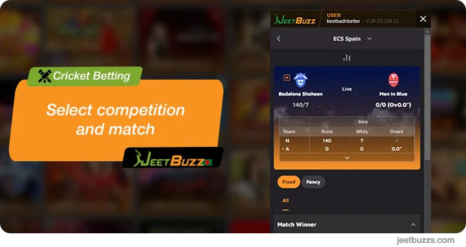 Select cricket competition and match - JeetBuzz