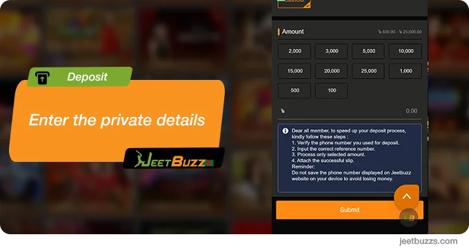 Enter the private details of deposit payment of JeetBuzz