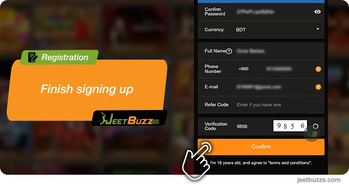 Finish JeetBuzz registration by clicking 'Confirm' button