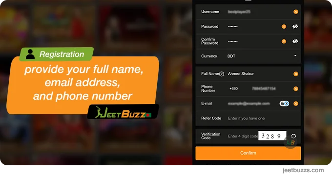 Provide your full name, username and password - JeetBuzz